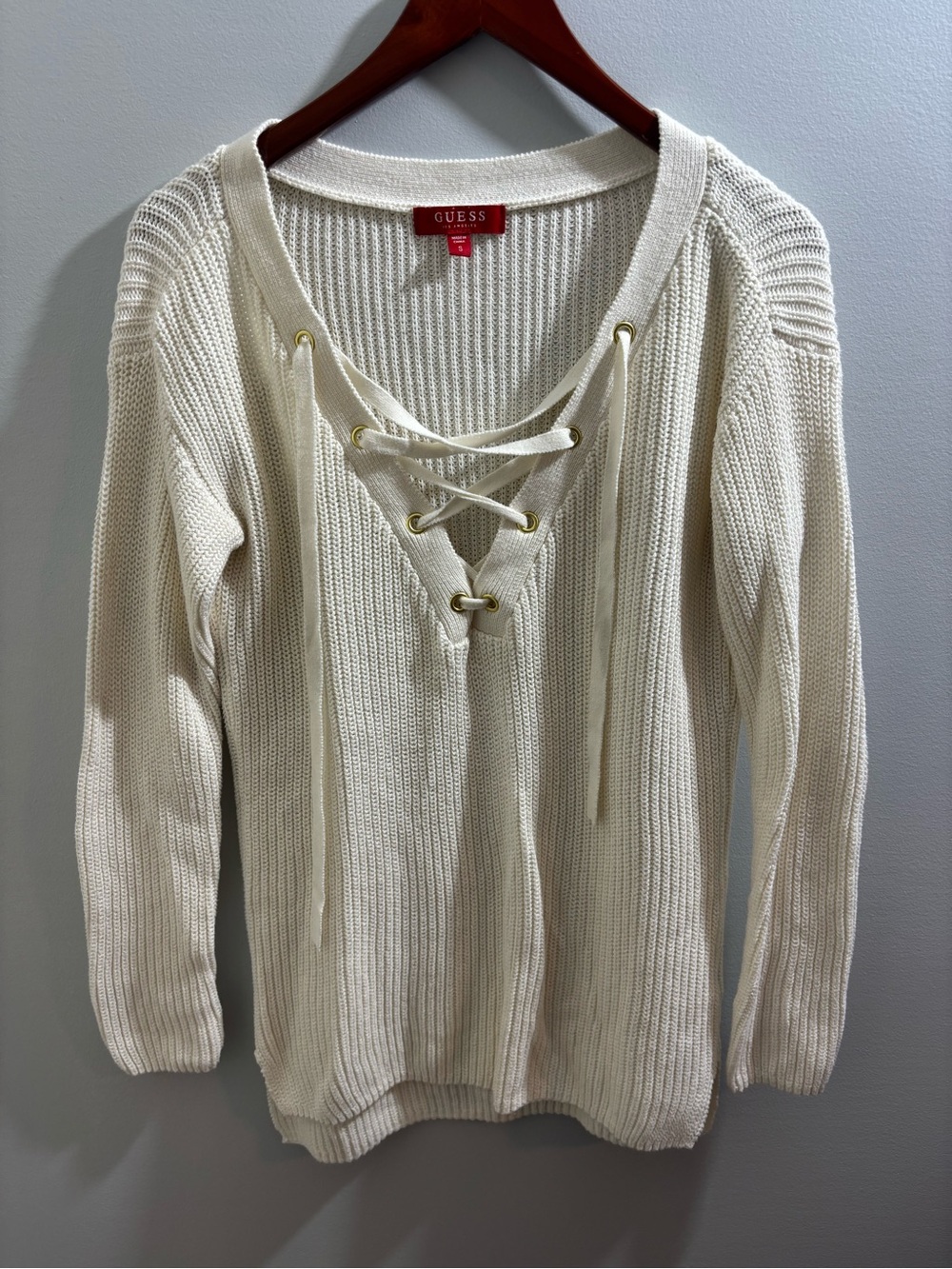 Y2K 2000s Guess Ribbed Knit Lace-Up White Ivory Cream Sweater Size Small